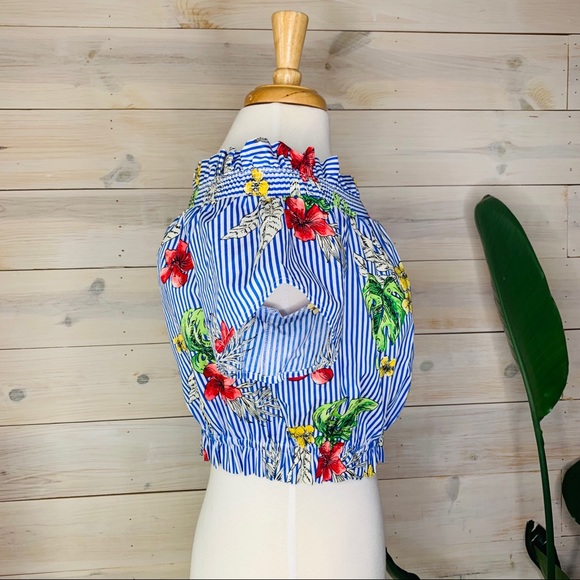 Blue & White Striped Cropped Tropical Floral Flare Top - Picture 2 of 6